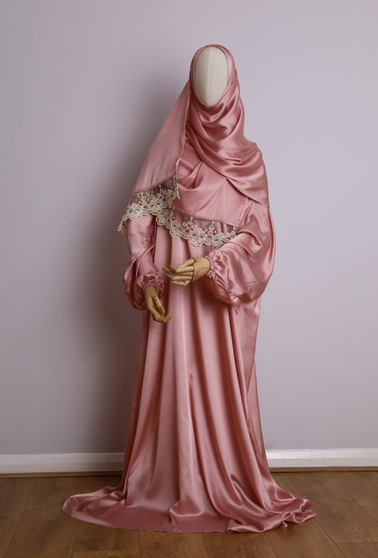 pink prayer abaya with attached scarf