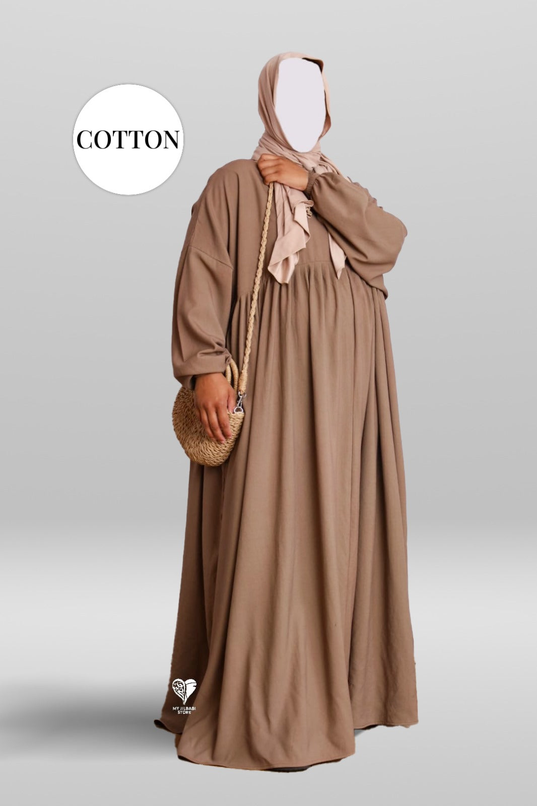 Cotton Pleated Abaya With Nursing Zip Taupe