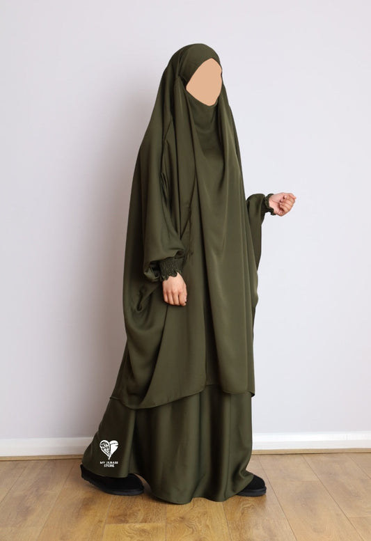 khaki 2 piece jilbab with frilly sleeves made in nida fabric