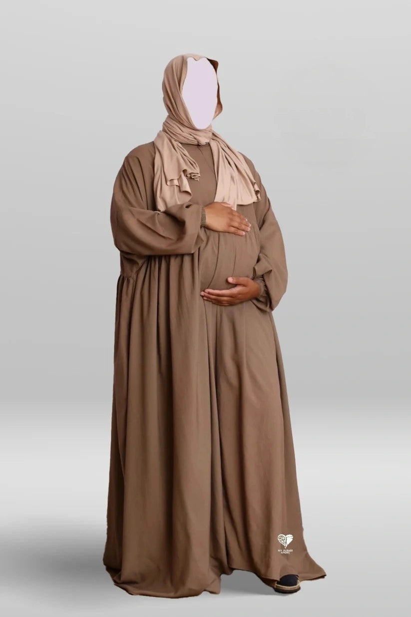 Cotton Pleated Abaya With Nursing Zip Taupe