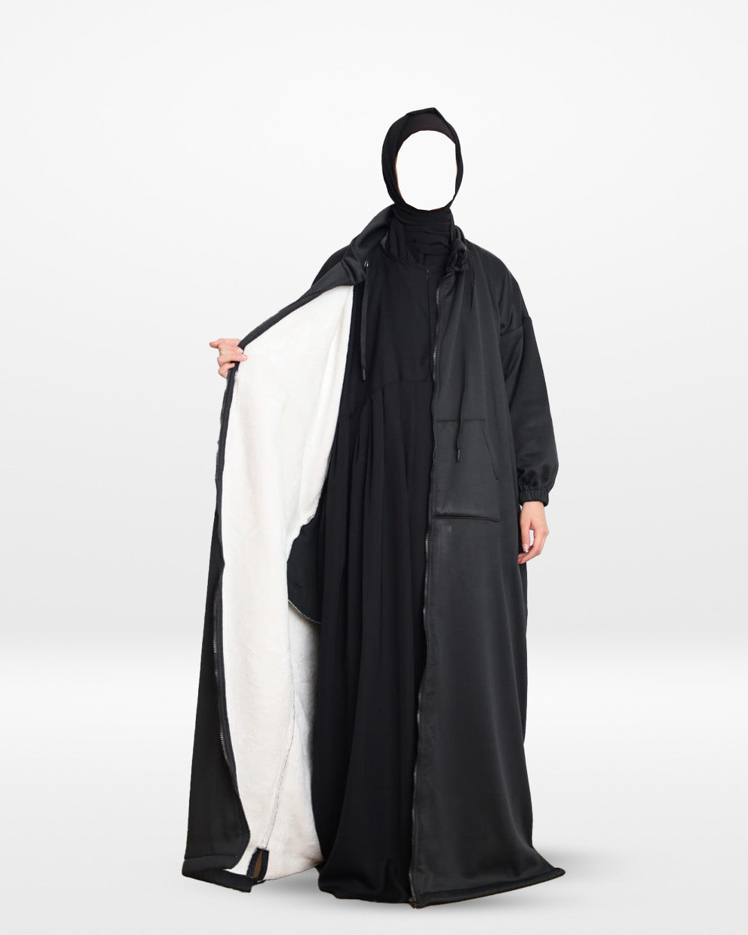 Fur Lined Winter Abaya With Detachable Hood Black
