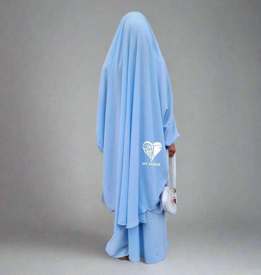 Baby blue flowy fabric jilbab