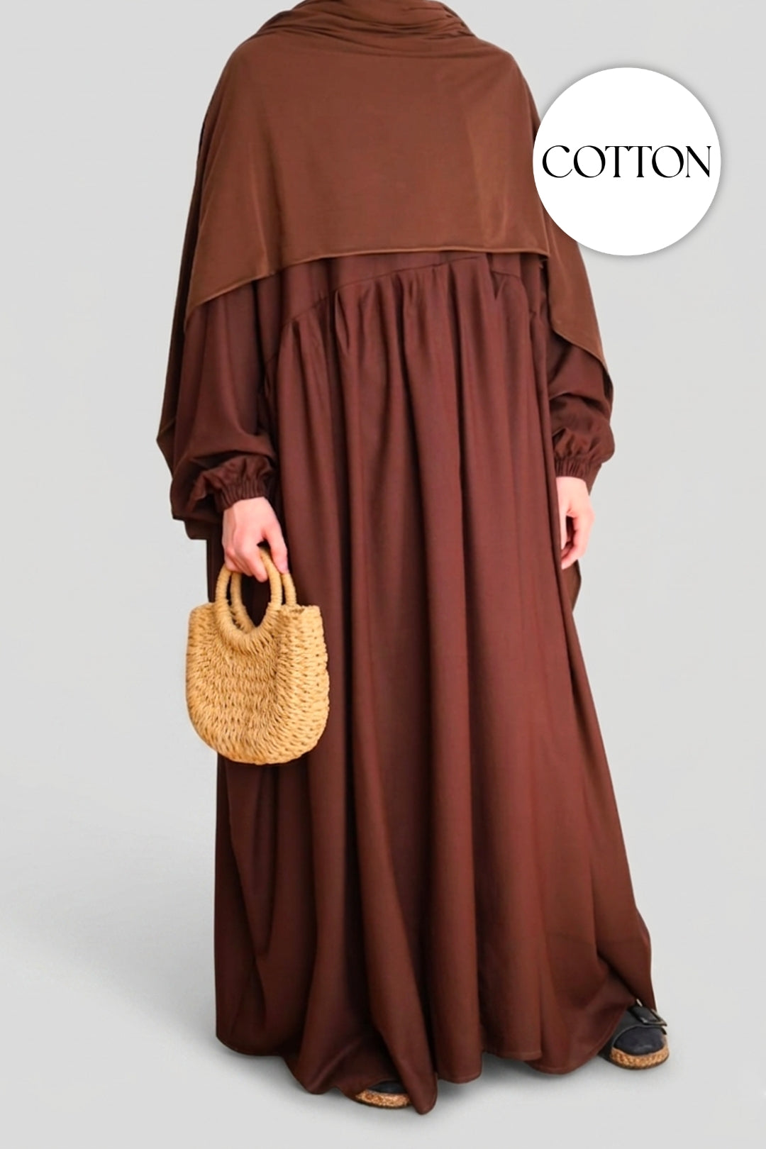 Cotton Pleated Abaya With Nursing Zip Dark Brown