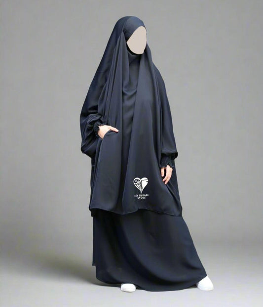 2 piece jilbab in nida fabric. featuring 3 pockets, ruffle wudu friendly sleeves and an integrated niqab. colour: black