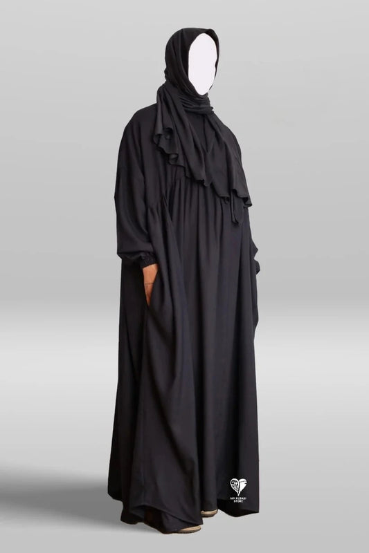 Cotton Pleated Abaya With Nursing Zip Black