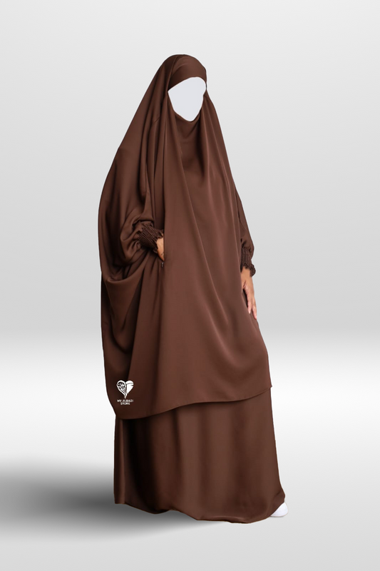 2 piece jilbab in nida fabric. featuring 3 pockets, ruffle wudu friendly sleeves and an integrated niqab. COLOUR: DARK BROWN