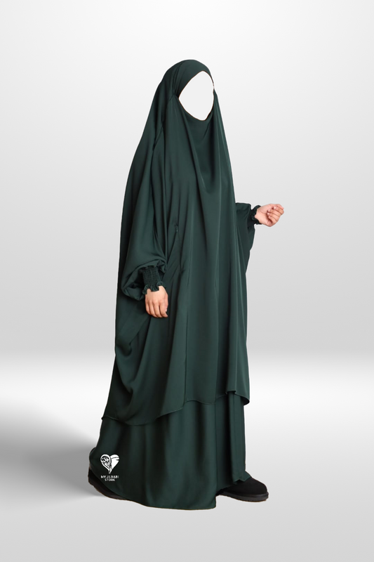 2 piece jilbab in nida fabric. featuring 3 pockets, ruffle wudu friendly sleeves and an integrated niqab. COLOUR: DARK GREEN