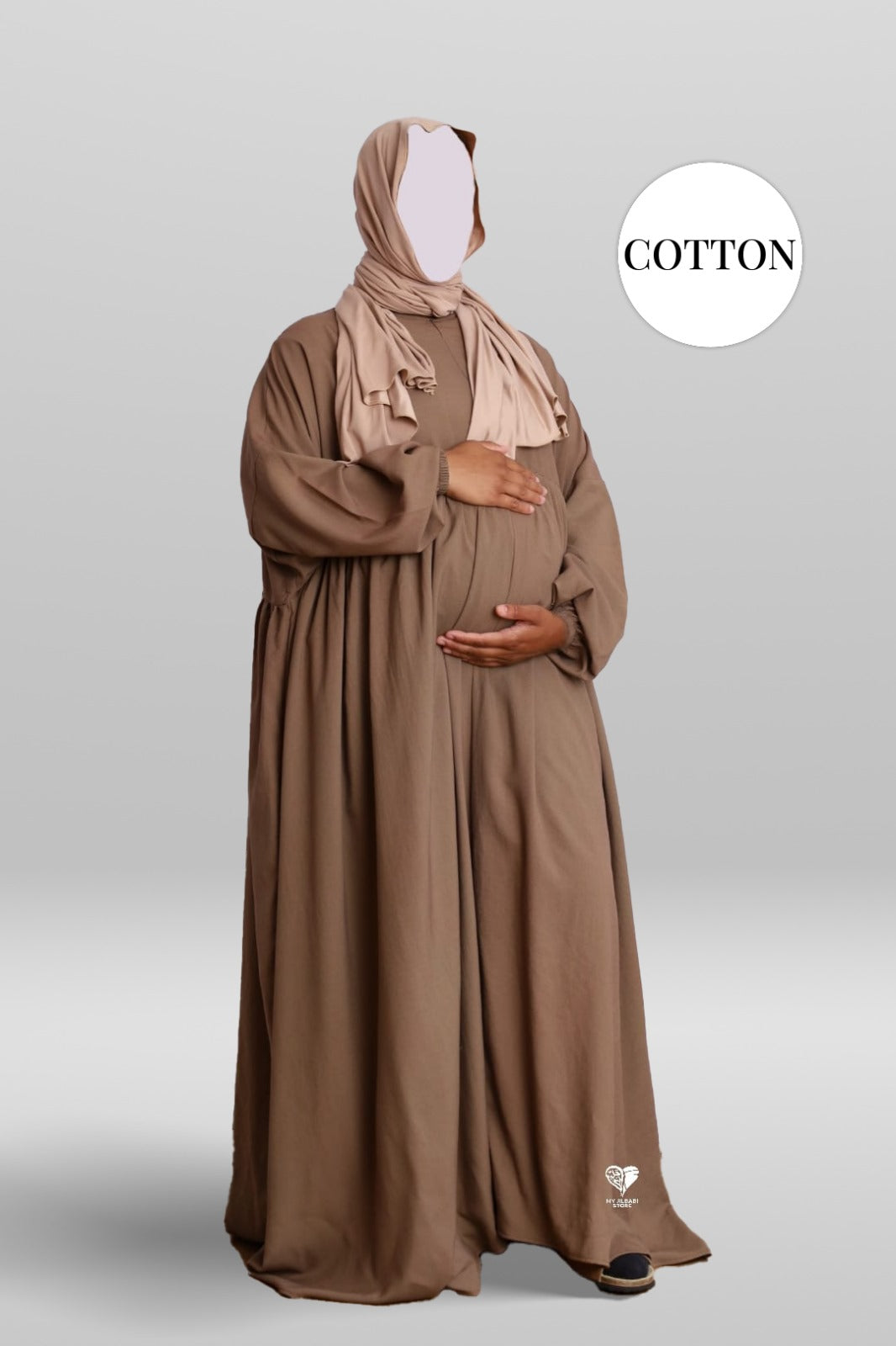 100% Cotton Pleated Abaya With Nursing Zip Taupe