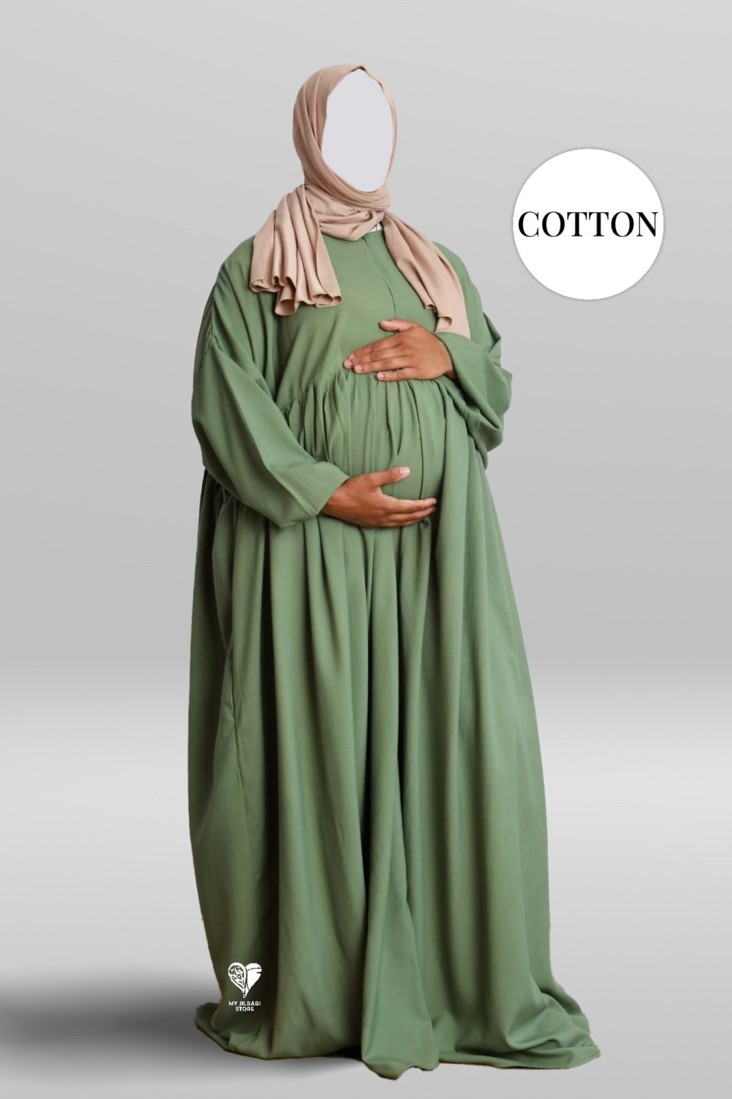 100% Cotton Pleated Abaya With Nursing Zip Light Khaki