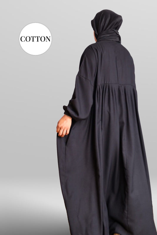 100% Cotton Pleated Abaya With Nursing Zip Black