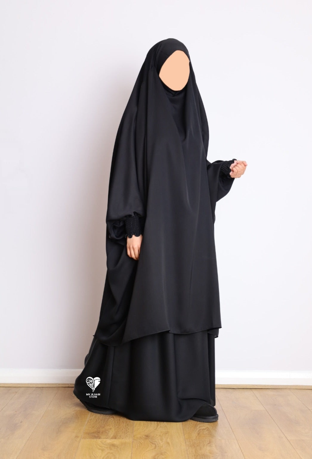 black 2 piece jilbab with frilly sleeves made in nida fabric