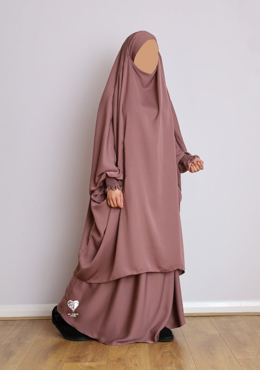pink 2 piece jilbab with frilly sleeves made in nida fabric