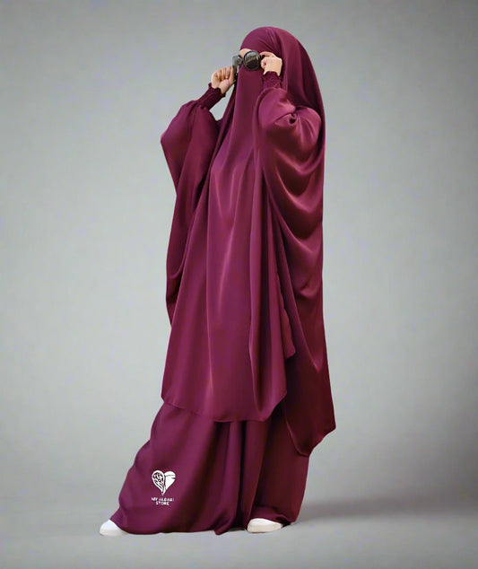 2 piece jilbab in nida fabric. featuring 3 pockets, ruffle wudu friendly sleeves and an integrated niqab. COLOUR: RED