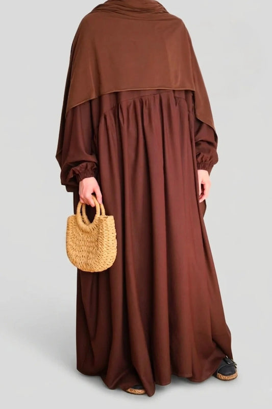 Cotton Pleated Abaya With Nursing Zip Dark Brown
