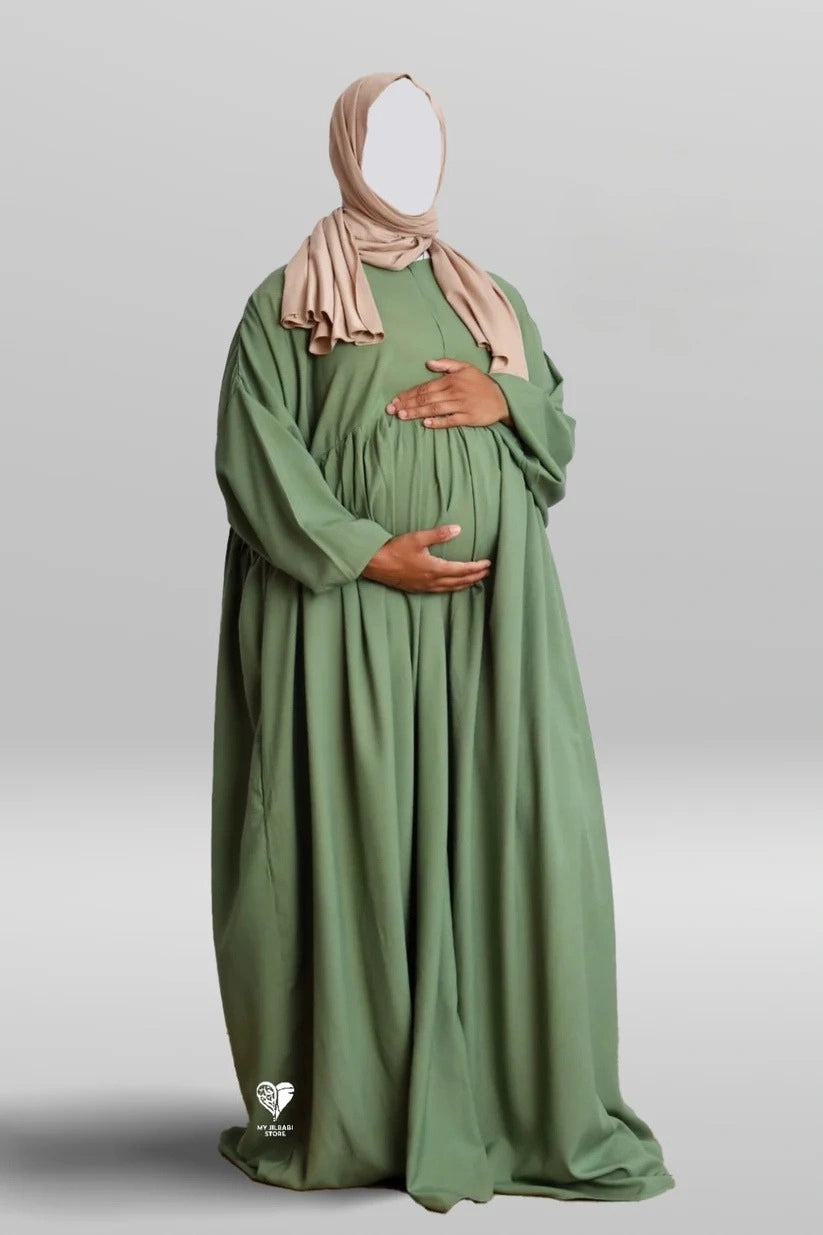 Cotton Pleated Abaya With Nursing Zip Light Khaki