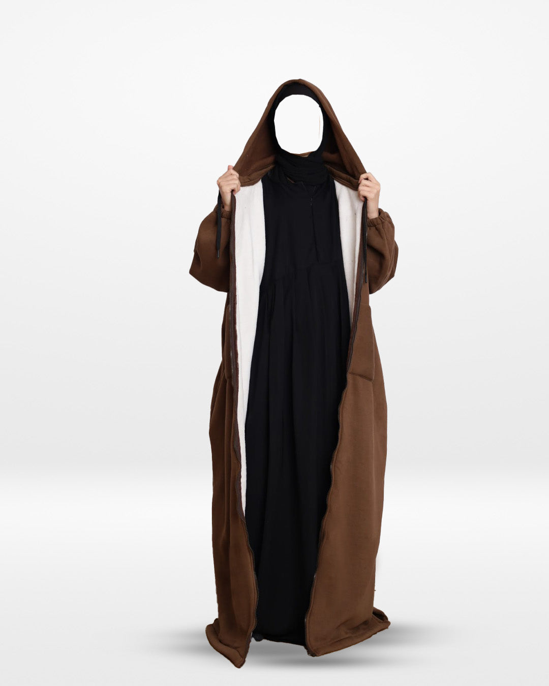 Fur Lined Winter Abaya With Detachable Hood Brown