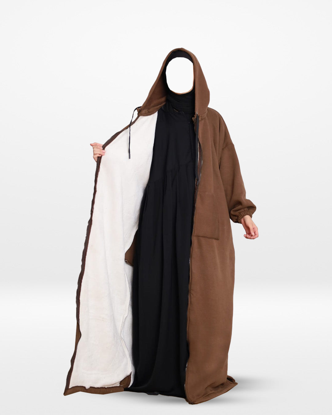 Fur Lined Winter Abaya With Detachable Hood Brown