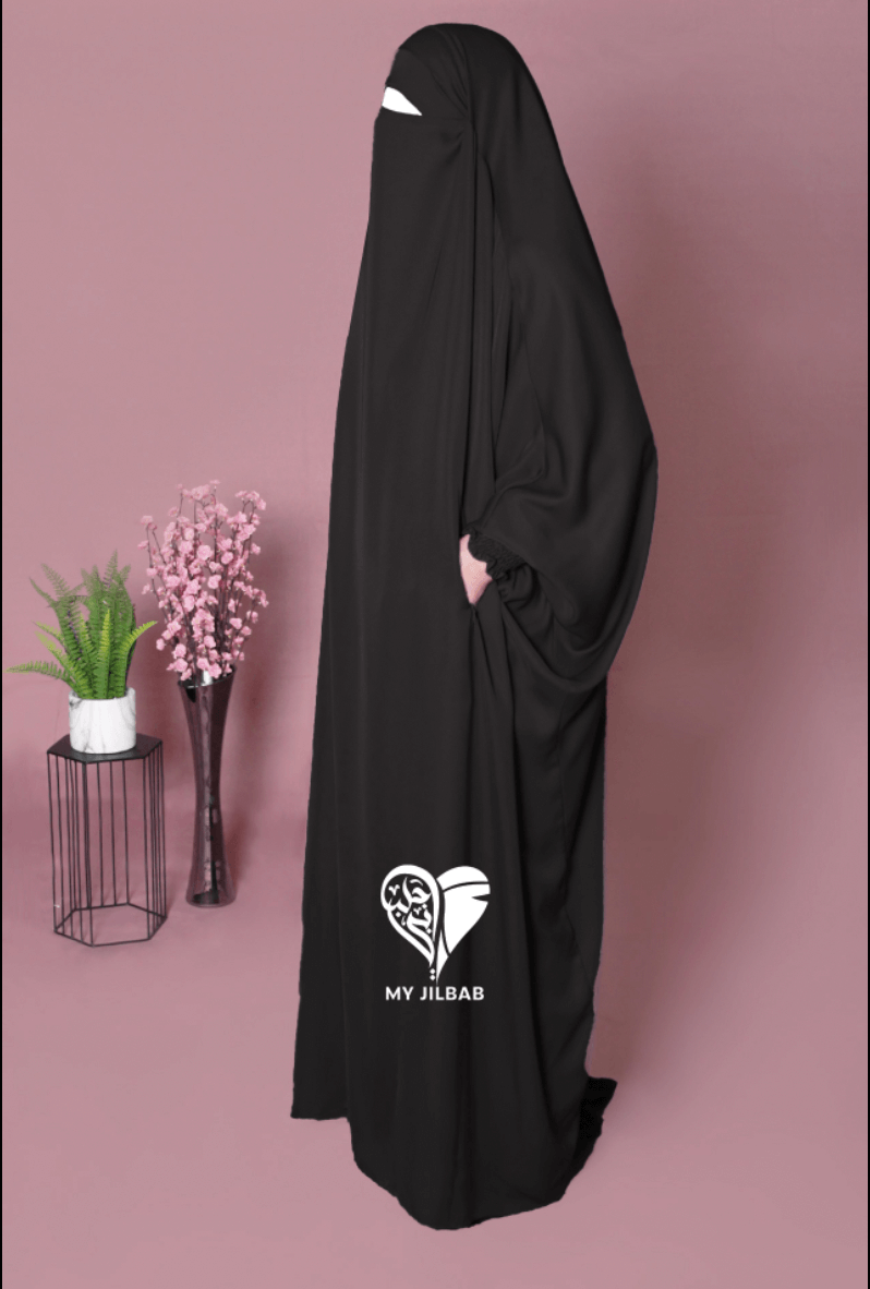 Black jilbab with ruffle sleeves and integrated niqab